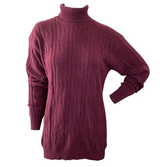 Jones NY Turtle Neck Cable-Knit Sweater Lambswool Angora L Burgundy 319A - Picture 1 of 6